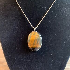 Sterling Silver Necklace Tiger’s Eye Oval Pendant Vintage Stamped Sterling
